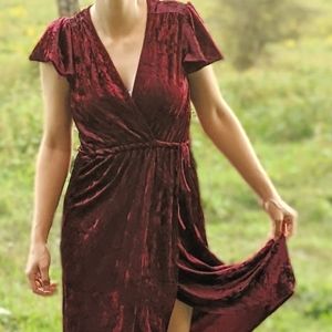 Crushed Red Velveteen Midi Wrap Dress